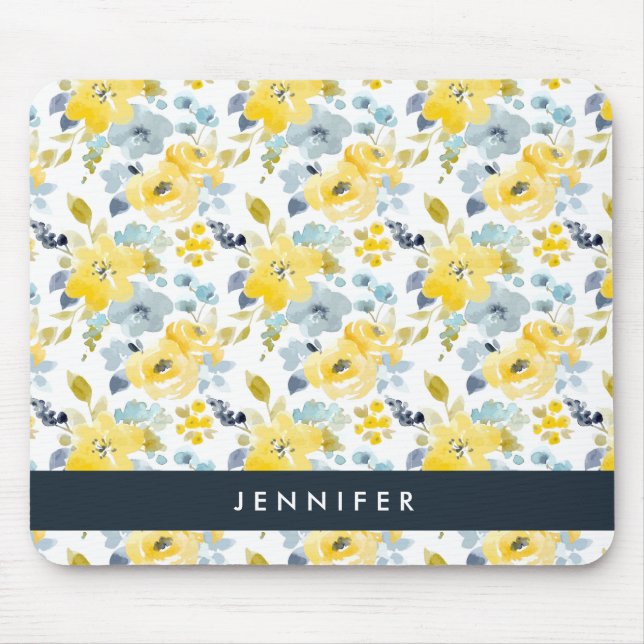 Add Your Name | Yellow & Blue Watercolor Pattern Mouse Pad (Front)