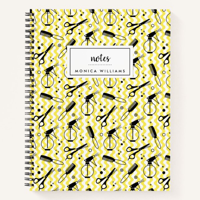 Add Your Name | Yellow Hairdresser Tool Pattern Notebook (Front)