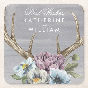 Add Your Names   Floral Deer Antlers Square Paper Coaster