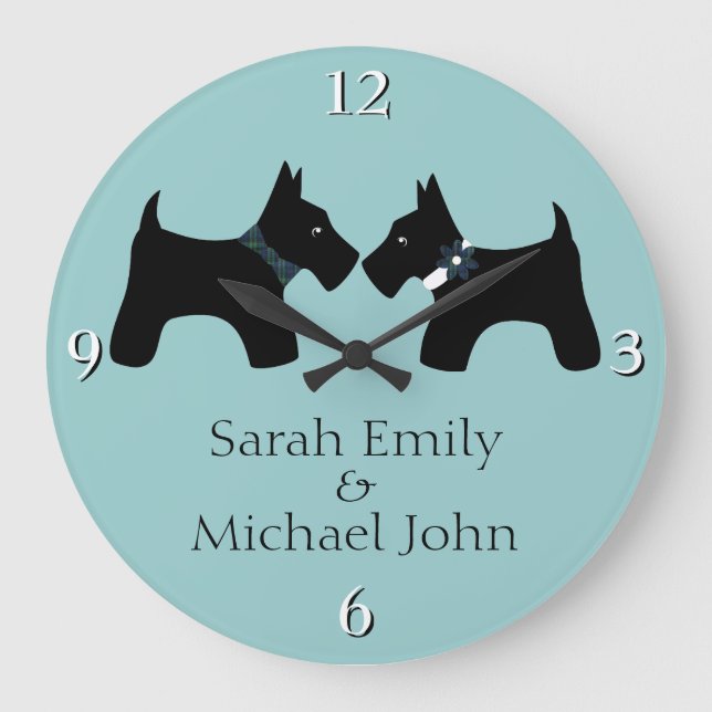 Add Your Names: Romantic Scottie Dogs Large Clock (Front)