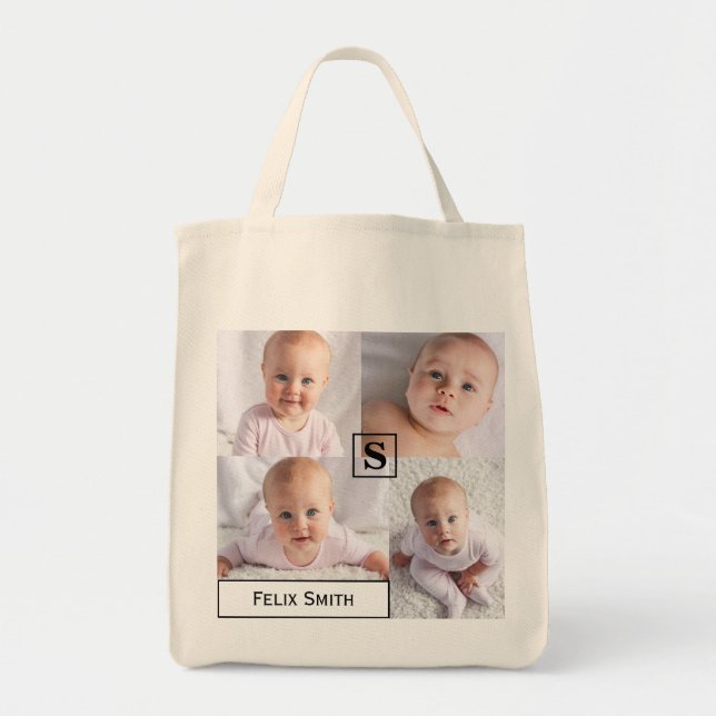 Add Your Own 4 Photo Collage Personalized Monogram Tote Bag (Front)