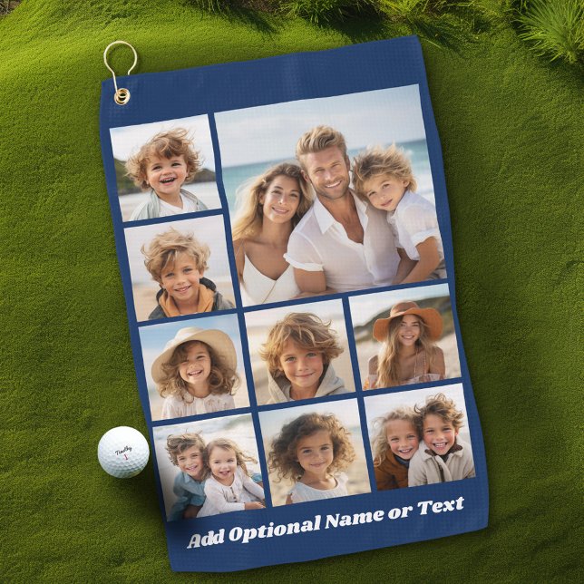 Add Your Own 9 Photos Collage -- Can Edit Navy Golf Towel (Personalized Golf Towel with Photos and Text)