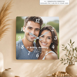 Add Your Own Couple Photo 1st Wedding Anniversary Square Wall Clock