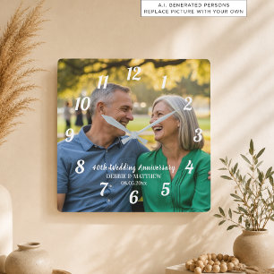 Add Your Own Couple Photo 40th Wedding Anniversary Square Wall Clock