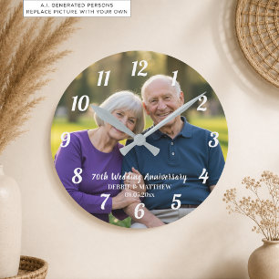 Add Your Own Couple Photo 70th Wedding Anniversary Round Clock