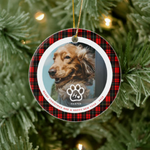 Add Your Own Dog Pets Photo Monogram Name Tartan Ceramic Ornament
