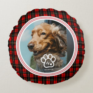 Add Your Own Dog Pets Photo Monogram Name Tartan Round Pillow