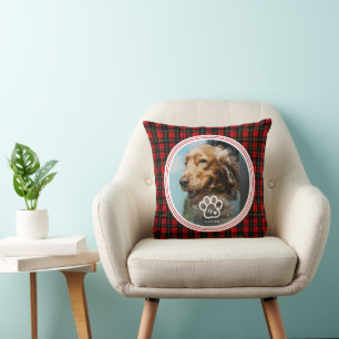 Add Your Own Dog Pets Photo Monogram Name Tartan Throw Pillow