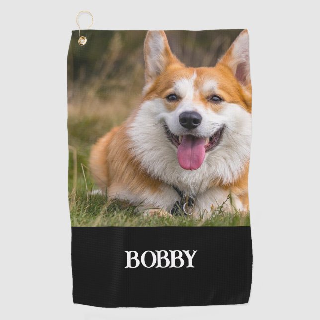 Add your own dog photo and name golf towel (Front)