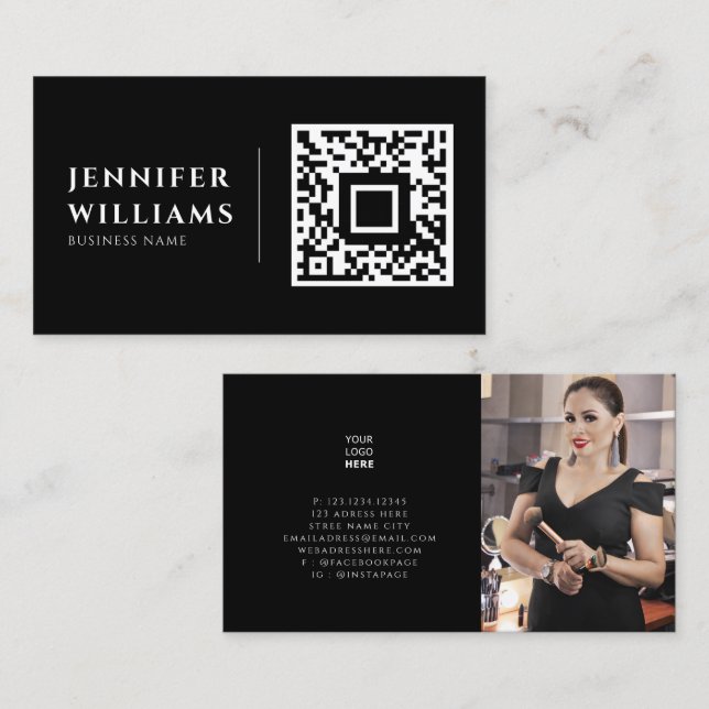 Add your own image custom logo and QR code black Business Card (Front/Back)