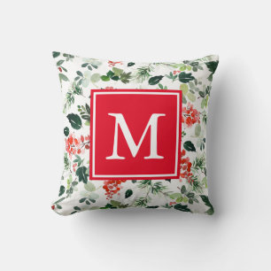 Add Your Own Monogram Holiday Greenery Pattern Throw Pillow