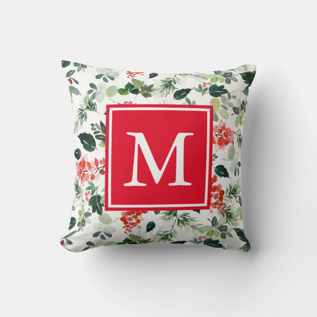 Add Your Own Monogram Holiday Greenery Pattern Throw Pillow (Front)