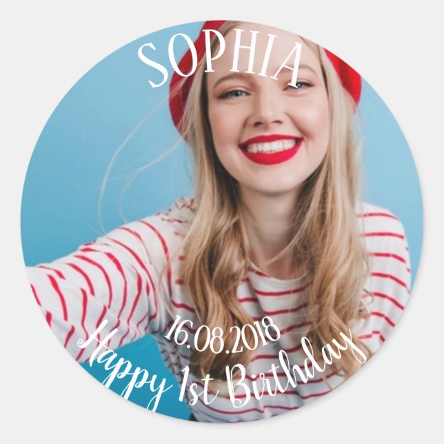 Add your own photo First Birthday Classic Round St Classic Round Sticker (Front)