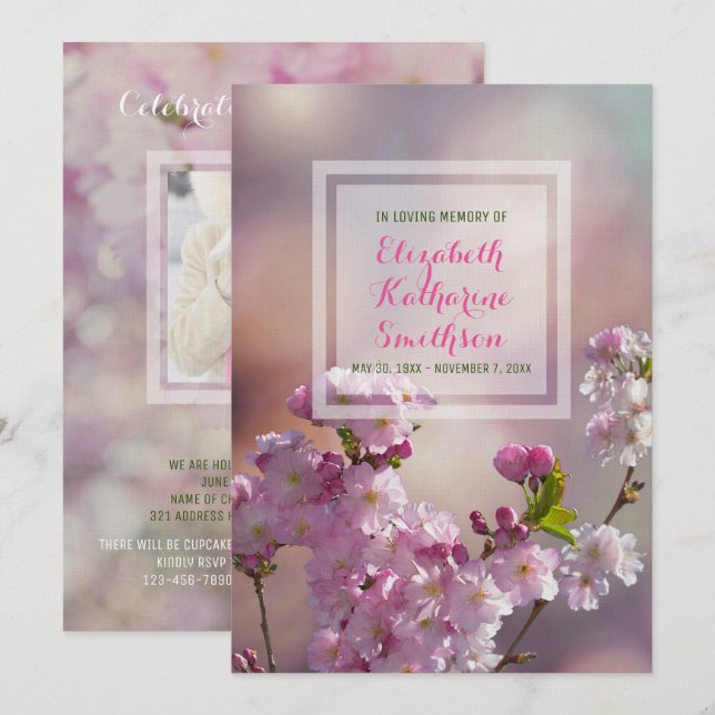 Add Your Own Photo Memorial Pink Cherry Blossoms Invitation (Front/Back)