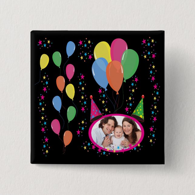 Add Your Own Photo to Party Hats and Balloons 2 Inch Square Button (Front)