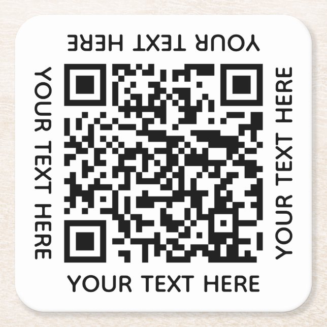 Add your own QR Code text Scan Minimal Simple  Squ Square Paper Coaster (Front)