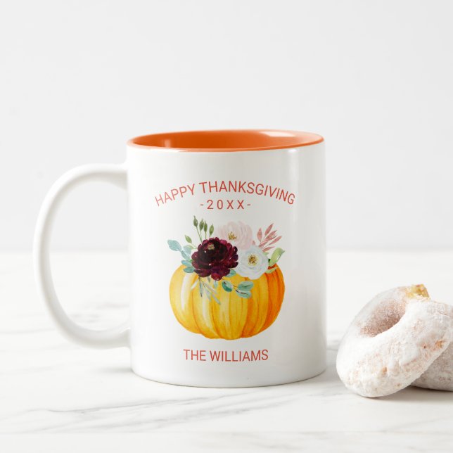 Add Your Own Text Personalized Floral Pumpkin Two-Tone Coffee Mug (With Donut)