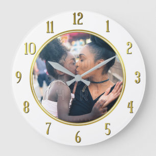 Add Your Personalized Photo Gold White Elegant Large Clock