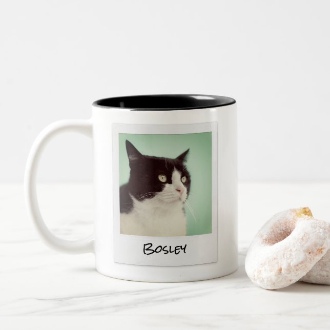 Add Your Pet Photo Retro Instant Camera Two-Tone Coffee Mug (With Donut)