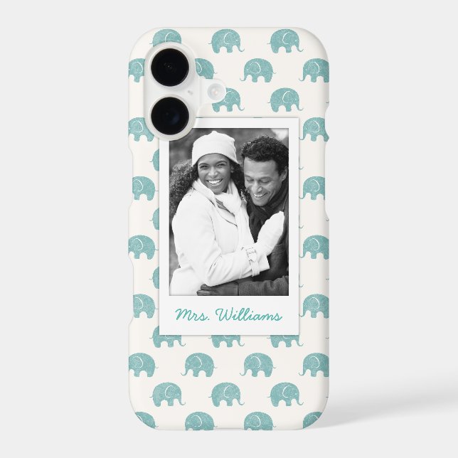 Add Your Photo | Cute Teal  Elephant Pattern (Back)