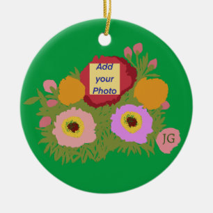 Add your photo Floral Pattern With Initial Green Ceramic Ornament