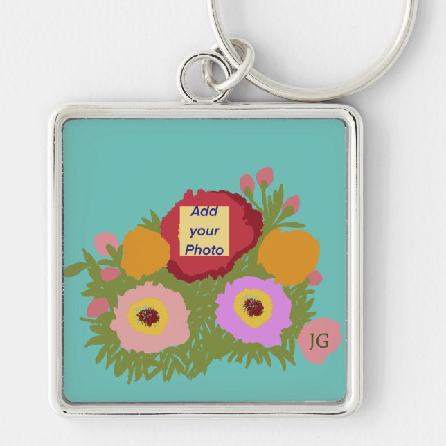 Add your photo Floral Pattern With Initial Teal Keychain (Front)