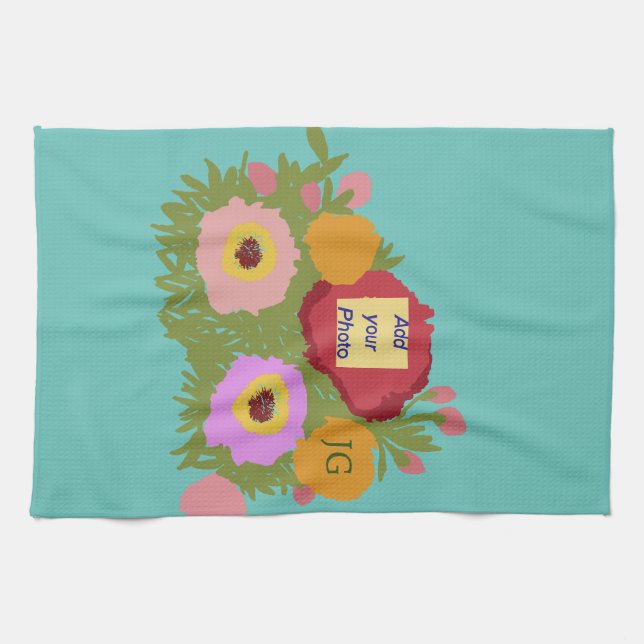 Add your photo Floral Pattern With Initial Teal Kitchen Towel (Horizontal)