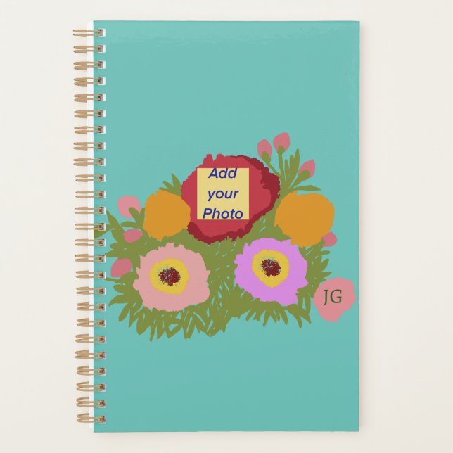 Add your photo Floral Pattern With Initial Teal Planner (Front)