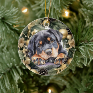 Add Your Photo Gold Green Holiday Wreath Ceramic Ornament