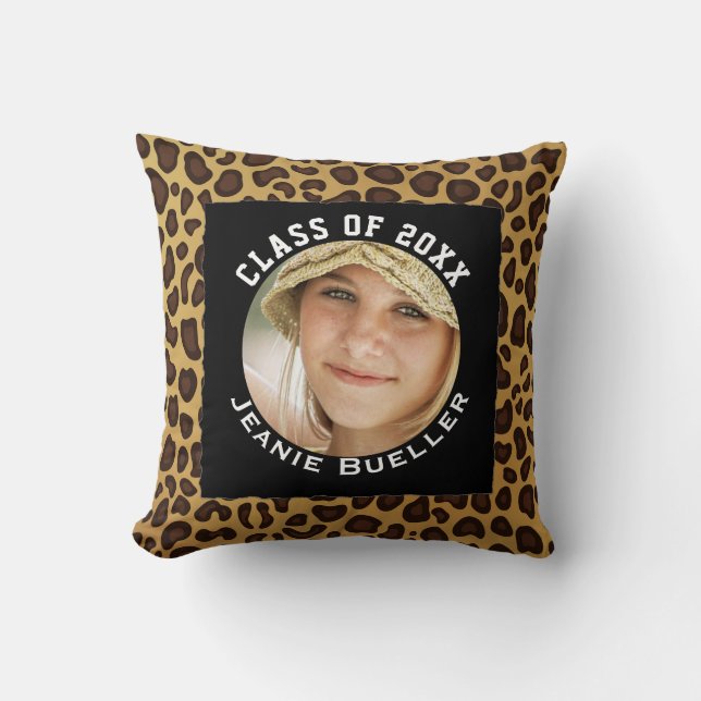 Add Your Photo Graduation Keepsake | Leopard Print Throw Pillow (Front)