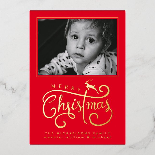 ADD YOUR PHOTO | Merry Christmas Reindeer Foil Holiday Card (Front)