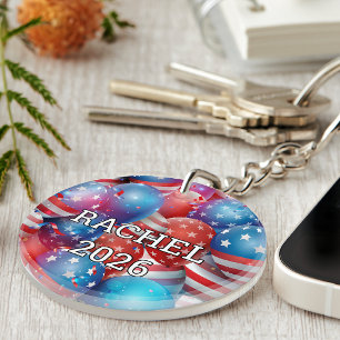 Add Your Photo, Name, 2-in Patriotic Balloons Keychain