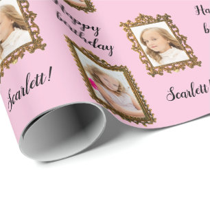 Add your PHOTO & NAME Pink Birthday Wrapping Paper