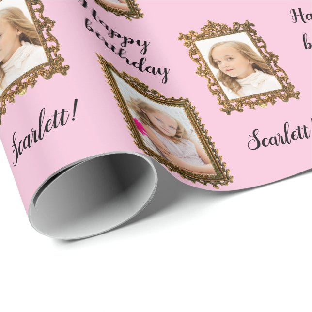 Add your PHOTO & NAME Pink Birthday Wrapping Paper (Roll Corner)