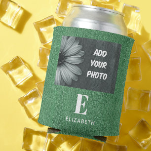 Add Your Photo or Logo, Green Denim Print, Sporty Can Cooler