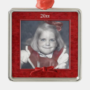 Add Your Photo - Red Chenille Square Template Metal Ornament