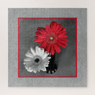 Add Your Photo Red Colour Splash Daisies Custom Jigsaw Puzzle