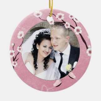 Add Your Photo Sakura and Butterflies You Wedd Ceramic Ornament