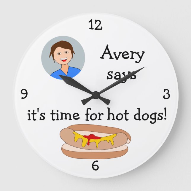 Add Your Photo: 'Time for Hot Dogs' Large Clock (Front)