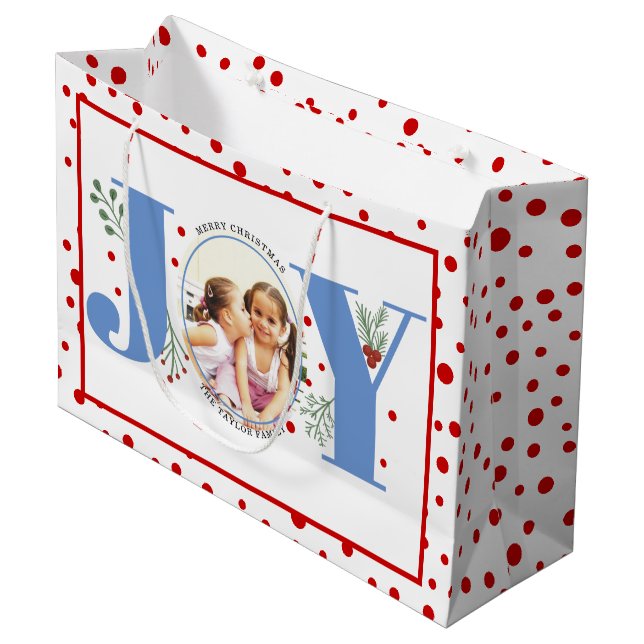 Add your photos blue JOY and red polka dots Large Gift Bag (Front Angled)
