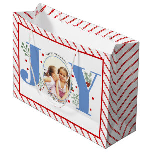 Add your photos blue JOY and red stripes Large Gift Bag