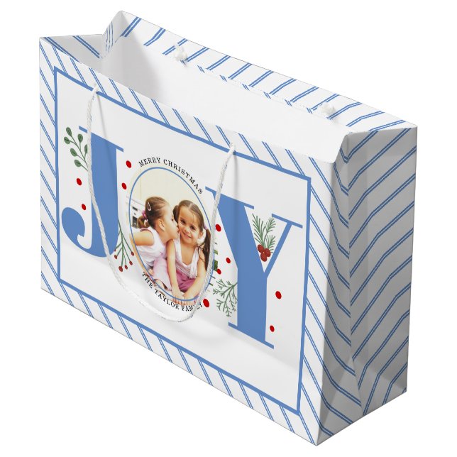 Add your photos blue JOY and stripes Large Gift Bag (Front Angled)