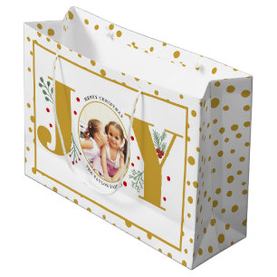 Add your photos gold JOY and  polka dots Large Gift Bag
