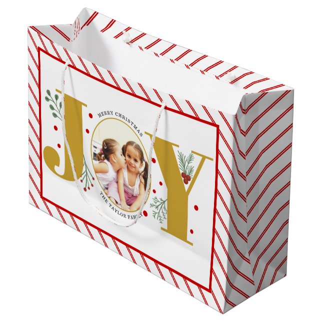 Add your photos gold JOY and red stripes Large Gift Bag (Front Angled)