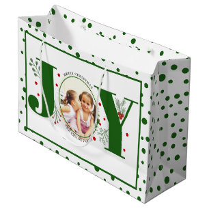 Add your photos green JOY and  polka dots Large Gift Bag
