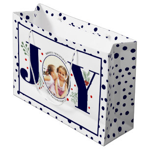 Add your photos navy blue JOY and  polka dots Large Gift Bag