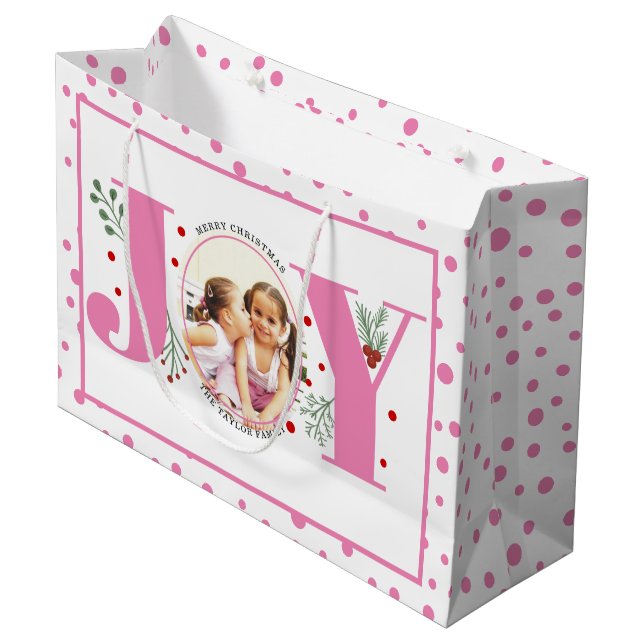Add your photos pink JOY and  polka dots Large Gift Bag (Front Angled)