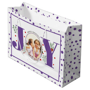 Add your photos purple JOY and  polka dots Large Gift Bag