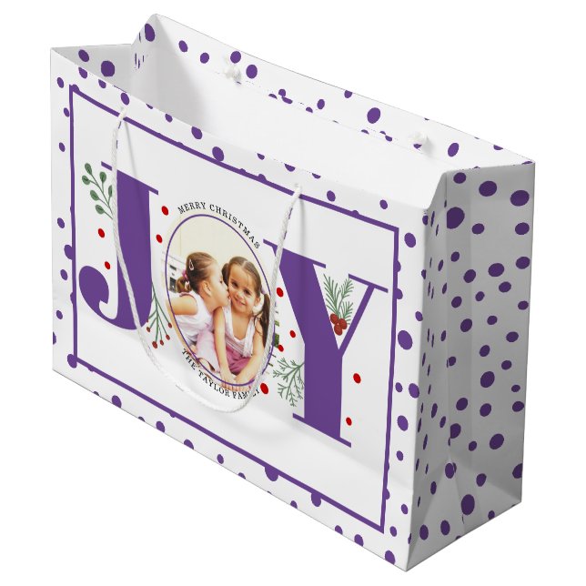 Add your photos purple JOY and  polka dots Large Gift Bag (Front Angled)