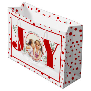 Add your photos red JOY and  polka dots Large Gift Bag